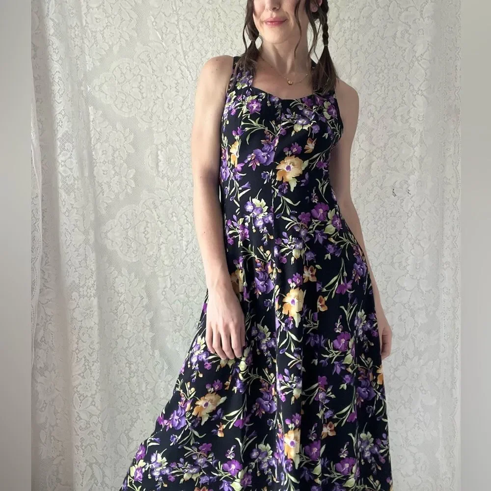 Vintage 80s All That Jazz Black Floral Midi Dress Crisscross Back Size 7/8 - Picture 11 of 16